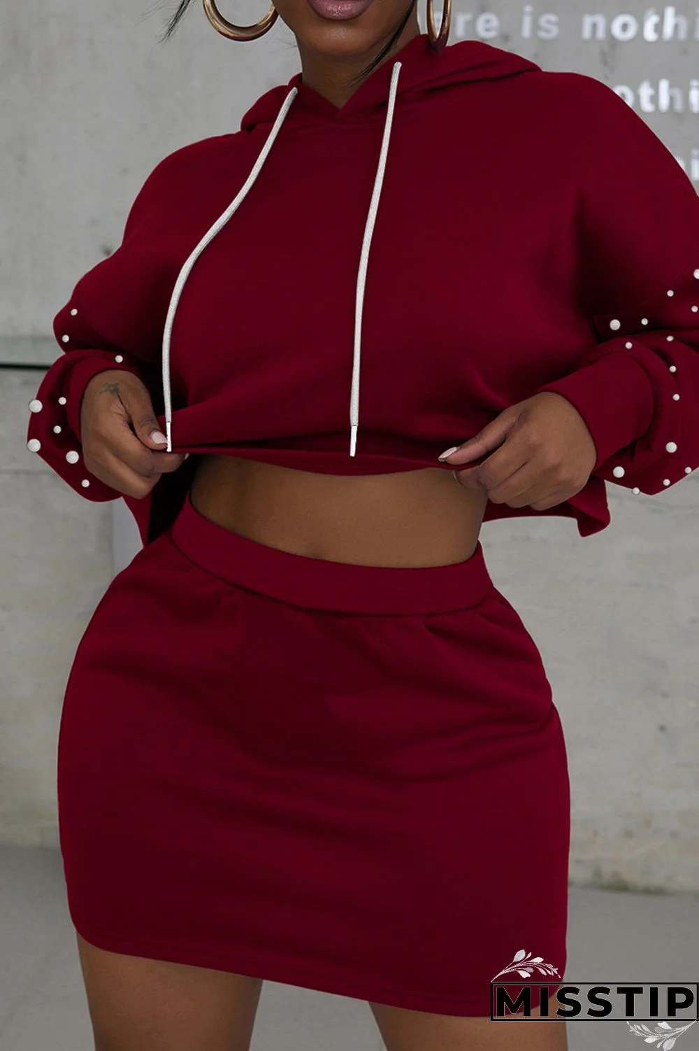 Burgundy Fashion Casual Solid Beading Hooded Collar Long Sleeve Two Pieces