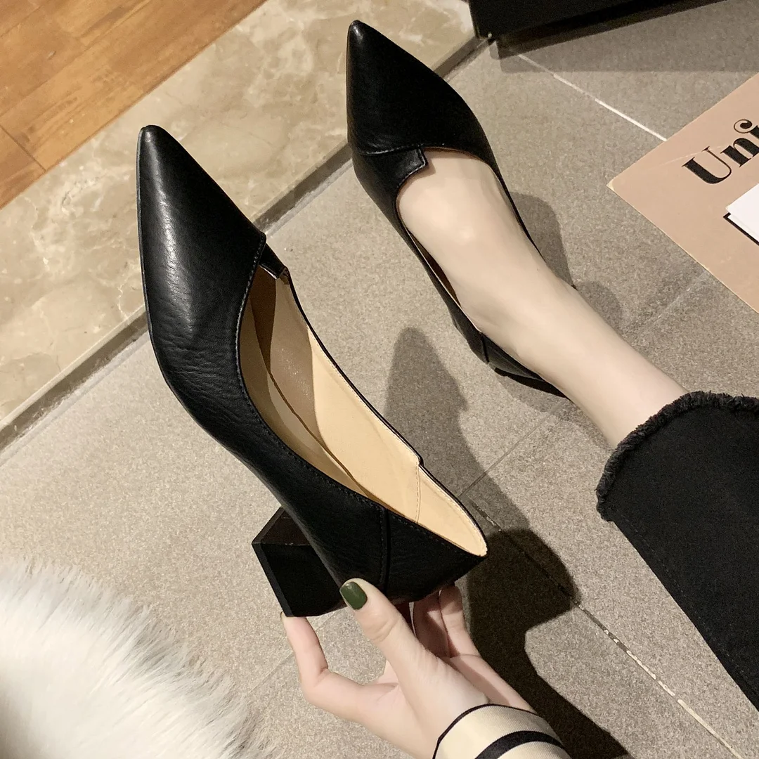 Breakj Breakj Korean Version Of Thick Heel High-Heeled Single-Shoe Women's Pointed Professional Shoes Black Heel Shoes To Work Shoes