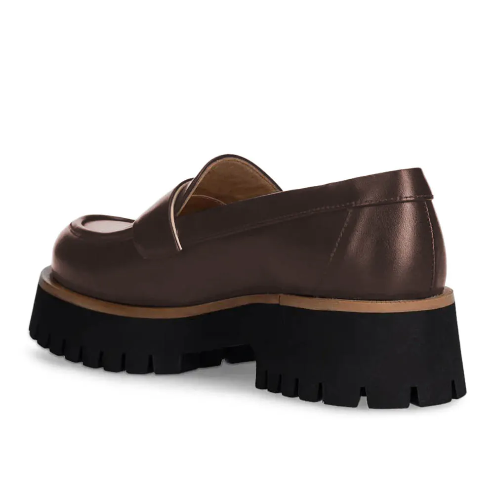 Brown Round Toe Chunky Heel Convenient Platform Loafers Women