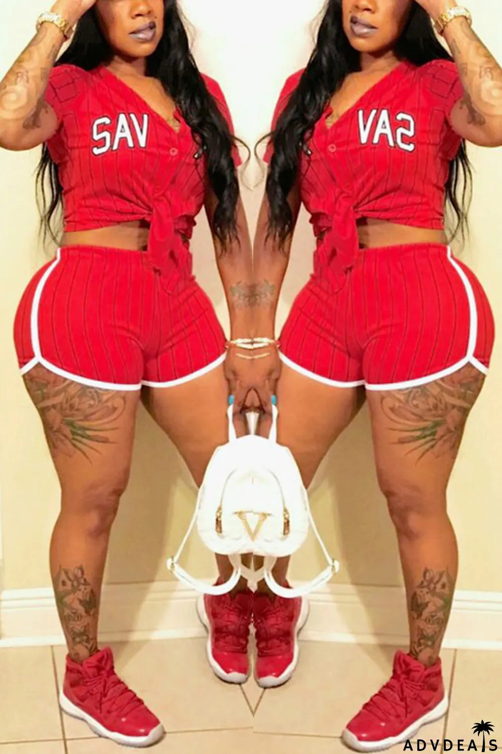 Yellow Fashion Sexy Casual Street Sportswear Letter Striped Print Split Joint Buttons Cardigan Short Sleeve Two Pieces