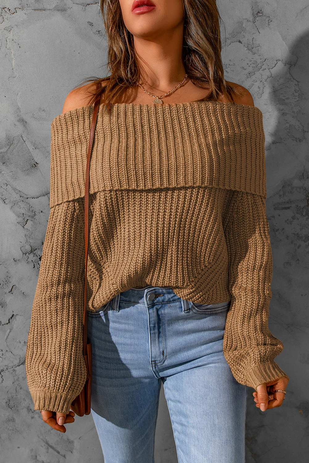 Khaki Ribbed Knit Foldover Off Shoulder Sweater | IFYHOME
