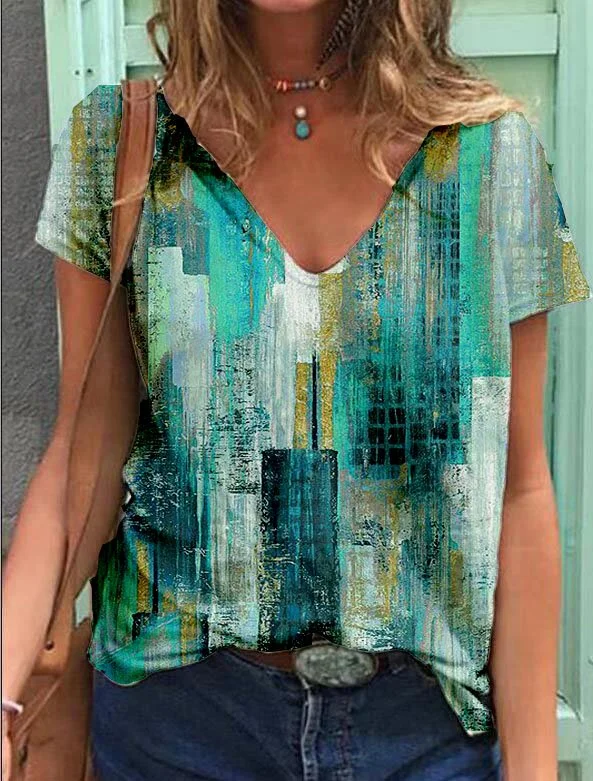 Casual Floral-Print Geometric V Neck T-shirt