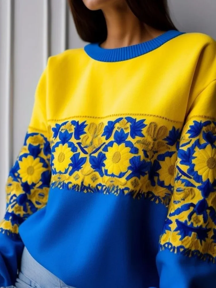 Ukraine Ethnic Floral Contrast Color Sweatshirt