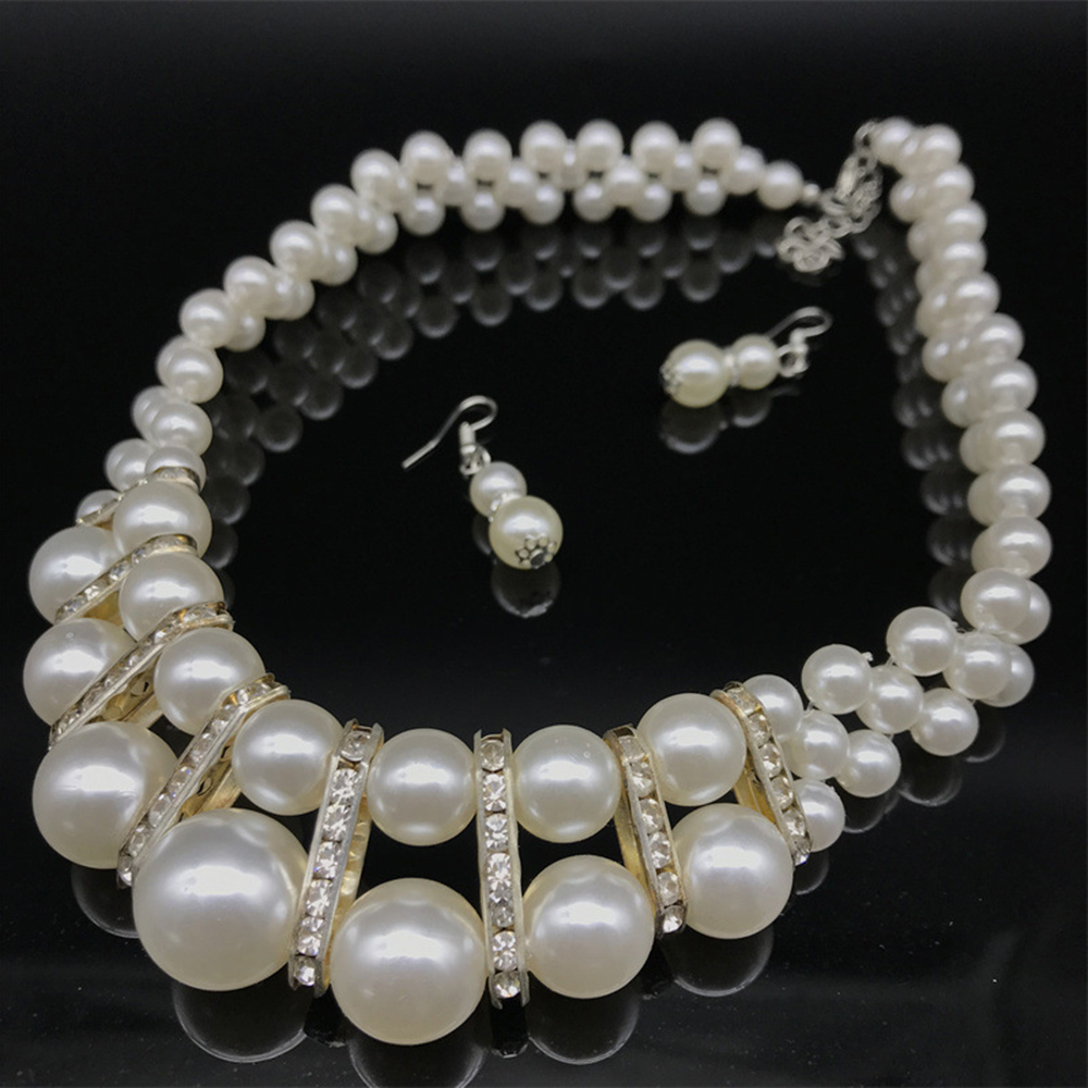 Elegant Double Layered Rhinestone Pearls Necklace Earrings Two Pieces Jewelry Set
