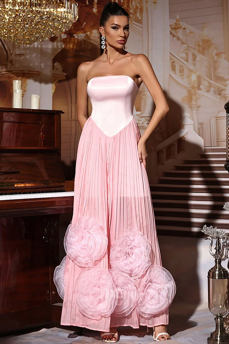 Strapless 3D Floral Pleated Maxi Dress-Pink