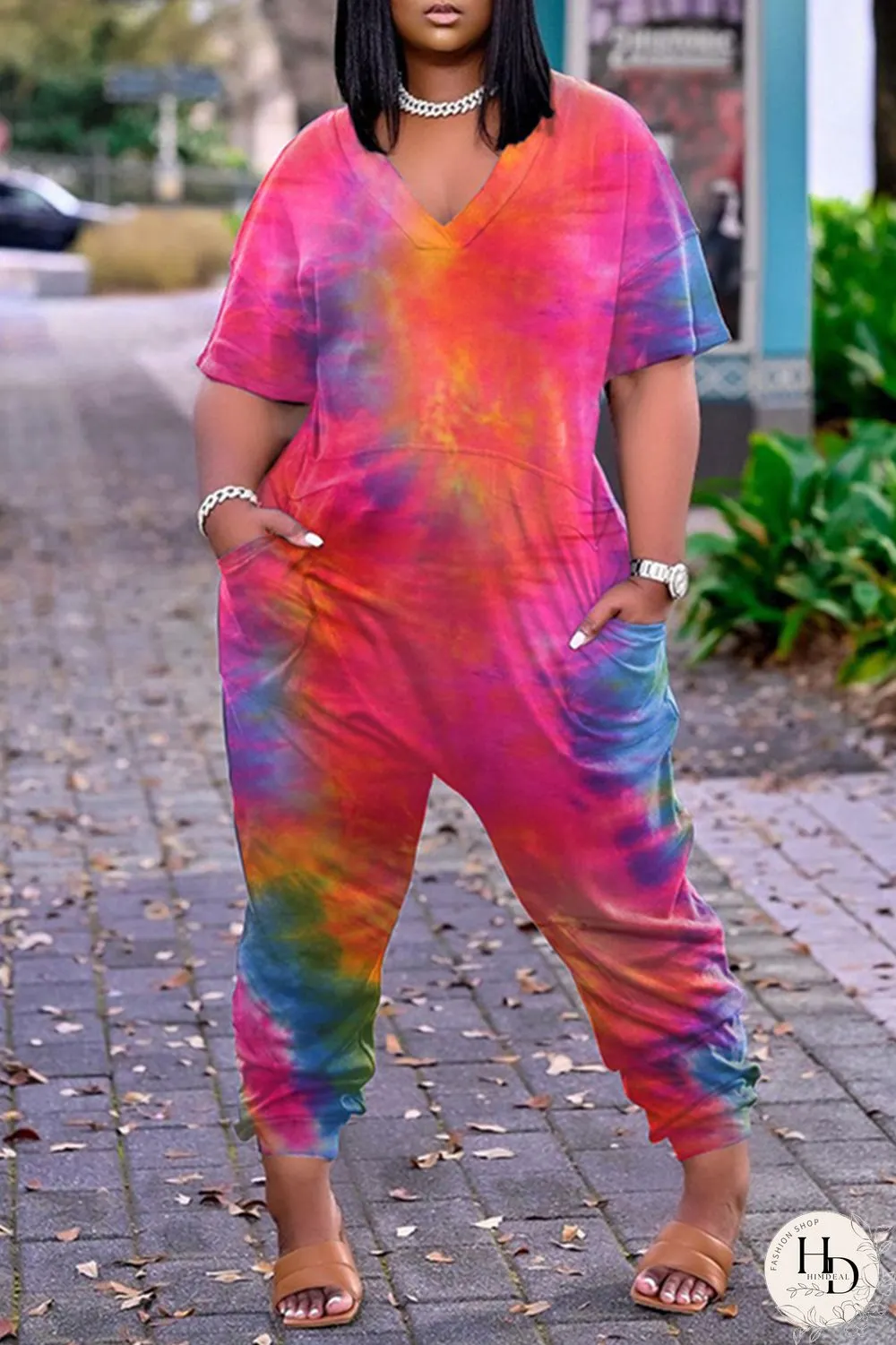 Red Fashion Casual Print Tie-dye V Neck Loose Jumpsuits