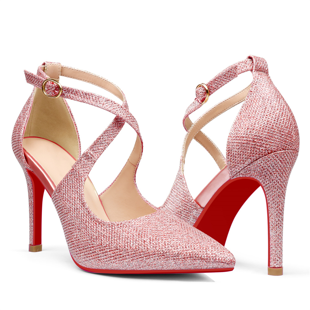 95mm Women's Pointed Toe Cross Strap Heels Ankle Strap Sandals Red Bottoms Pumps Shoes glitter-MERUMOTE