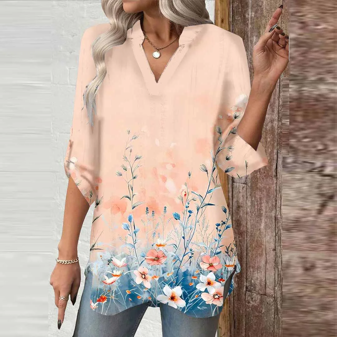 Women Floral, Pink, Blue DZGA0743 3/4 Sleeve V-neck Printed Graphic Button Tops