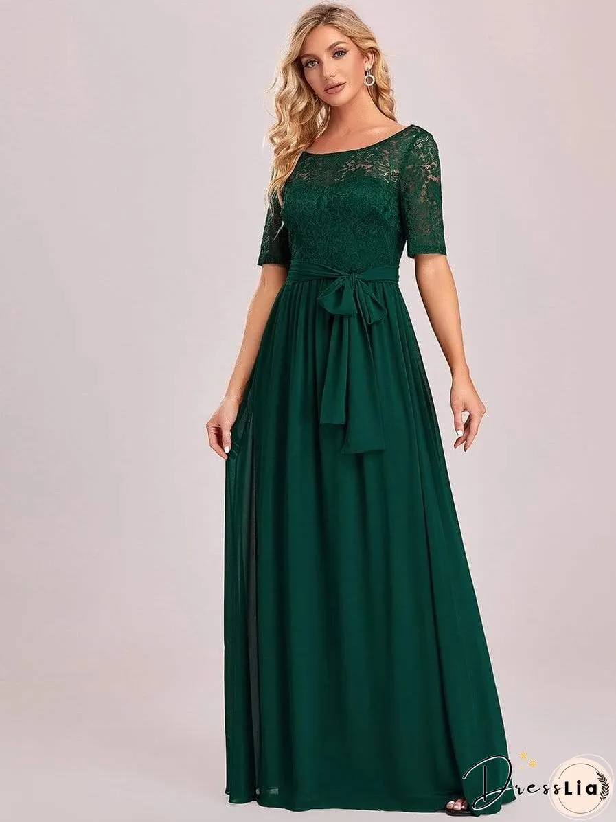 Sophisticated Lace Bodice Chiffon Maxi Evening Gown with Belt for Elegant Occasions