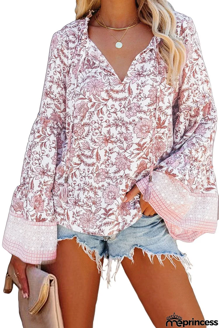 Floral Print V Neck Drawstring Flared Sleeve Top