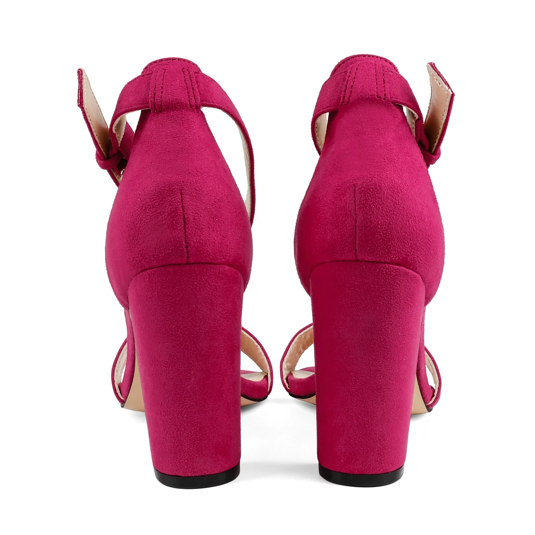 90mm Women's Ankle Strap Pumps Block Heel Suede Sandals Summer Shoes-MERUMOTE