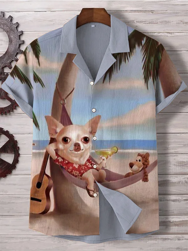 Men's Chihuahua On Beach Vacation Art Print Linen Blend Shirt
