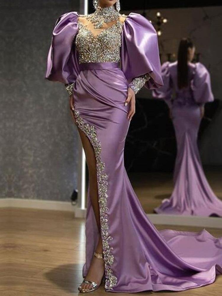 Promsstyle Satin puff sleeve splice floor length evening dress Prom Dress 2023