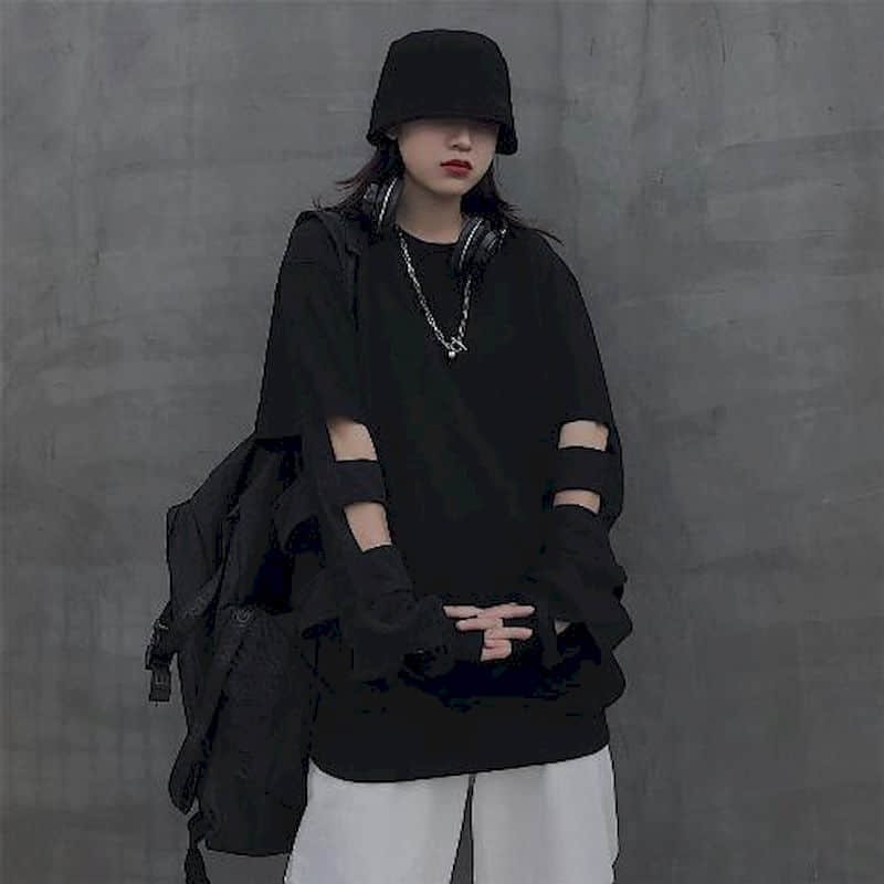 High Street Tshirt Women T Shirt Couple Hip Hop Loose Hollow Black Long Sleeve Student Gothic Punk Clothes Plus Fashion Korean