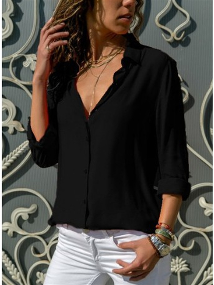 Women's Long-sleeved Lapel Button Down Shirt Blouse Solid Color Blouse Plus Size Cardigan Blouse