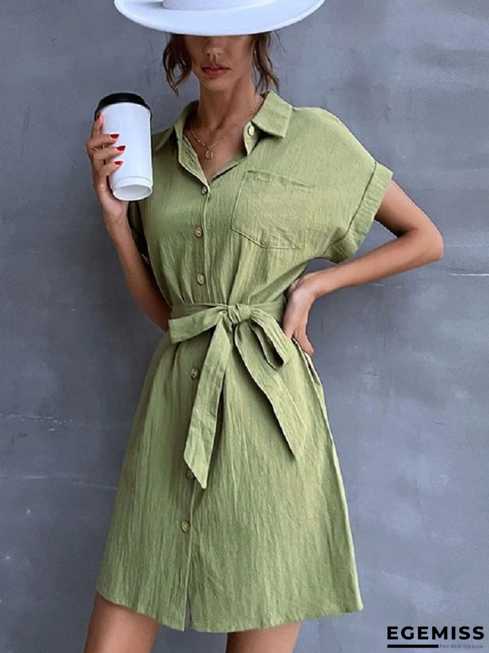 Lapel Lace Up Green Commuter Shirt Cotton Linen Dress Linen | EGEMISS