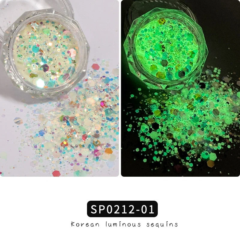 1 Box Luminous Nail Glitter Neon Hexagon Fluorescent Flake Glow in the Dark Sequin Nails Art Decorations Manicure Accessories-Nail Inspo