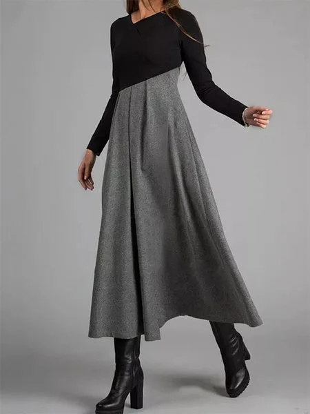 Wongn Wongn Autumn And Winter New Woolen Dress Contrast Color V-Neck Long Sleeve Splicing Large Hem Dress