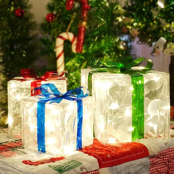 Set of 3 Christmas Lighted Gift Boxes Plug-in 60 Led Light Up PVC Box Ornament for Christmas Decorations Indoor Outdoor Yard Xmas Tree Holiday Party Lawn Porch Home Decor Polyvinyl Chloride (PVC)