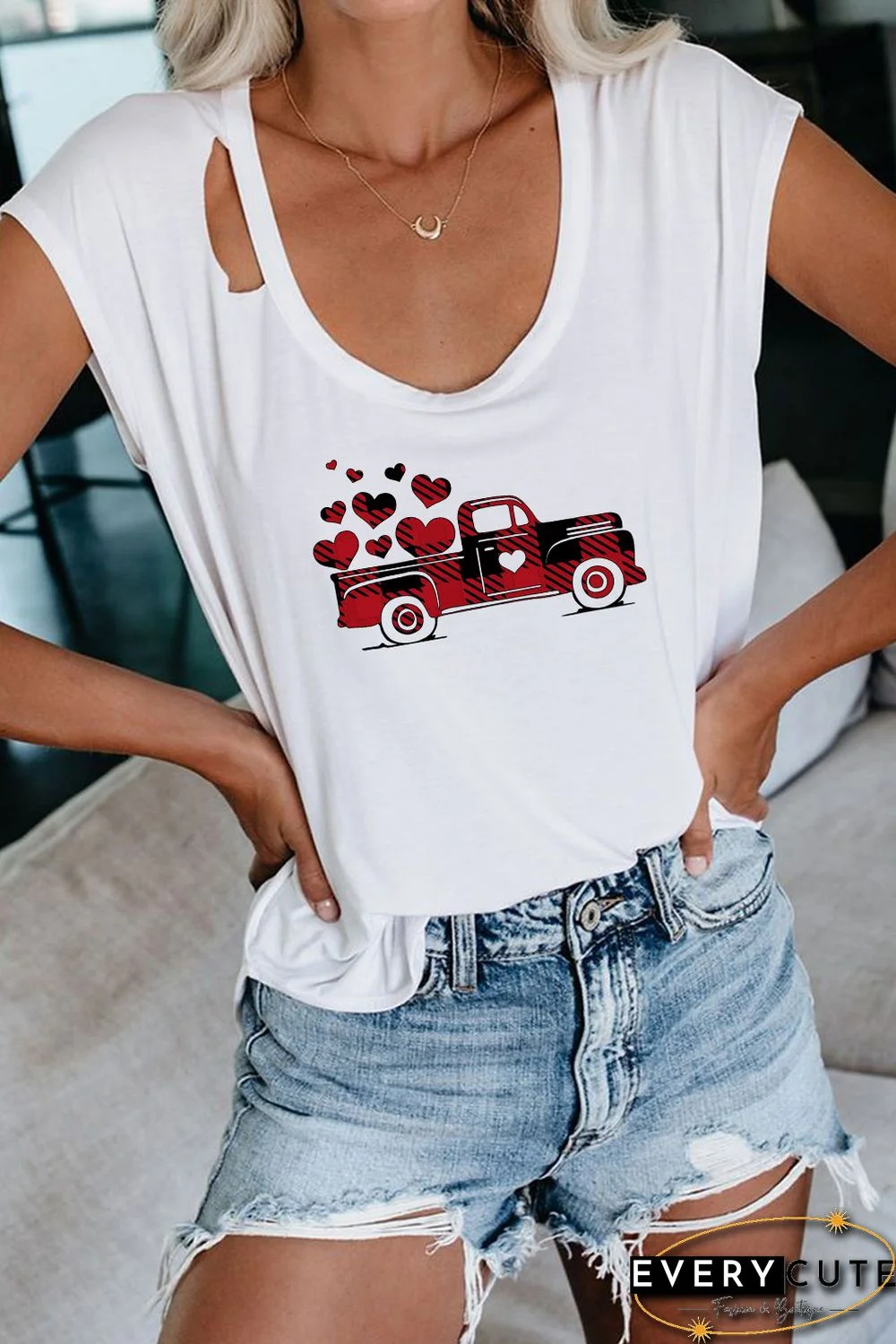 Valentine Buffalo Plaid Truck Print Cut out Tee