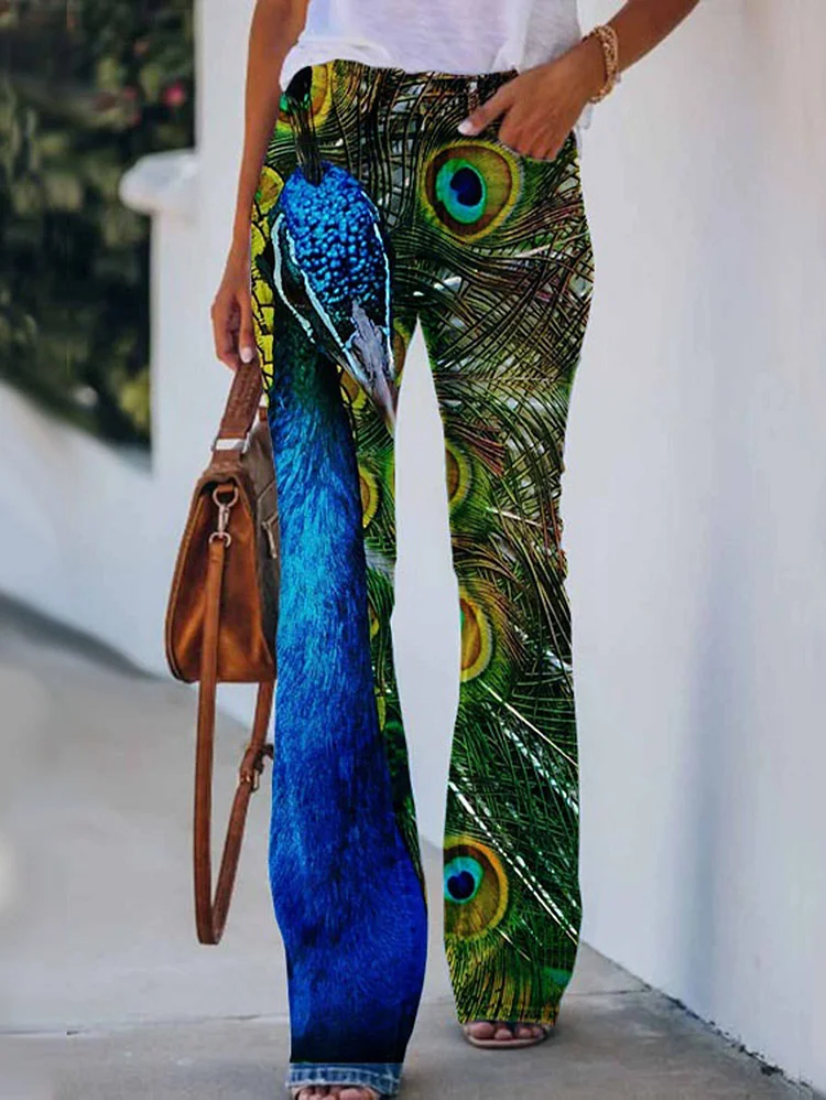 Peacock Feather Graphic Flare Leg Jeans