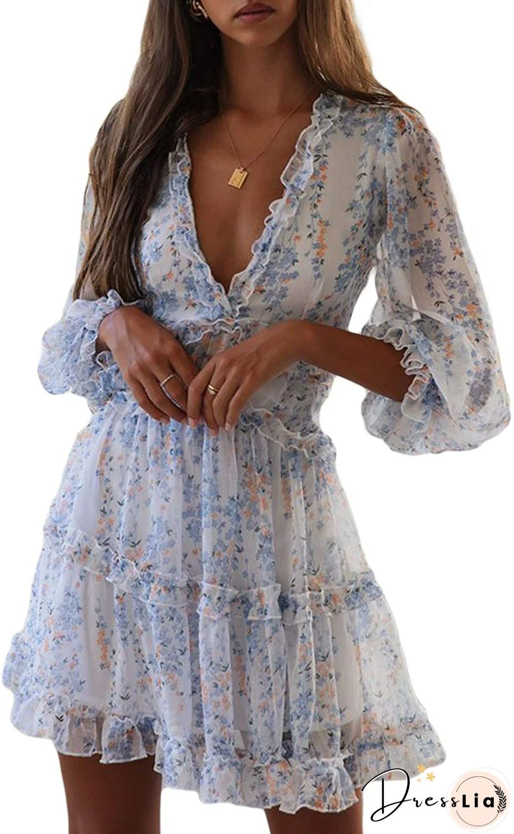 Ditsy Floral Prints Ruffle Edge Tiered Long Sleeve Boho Dress
