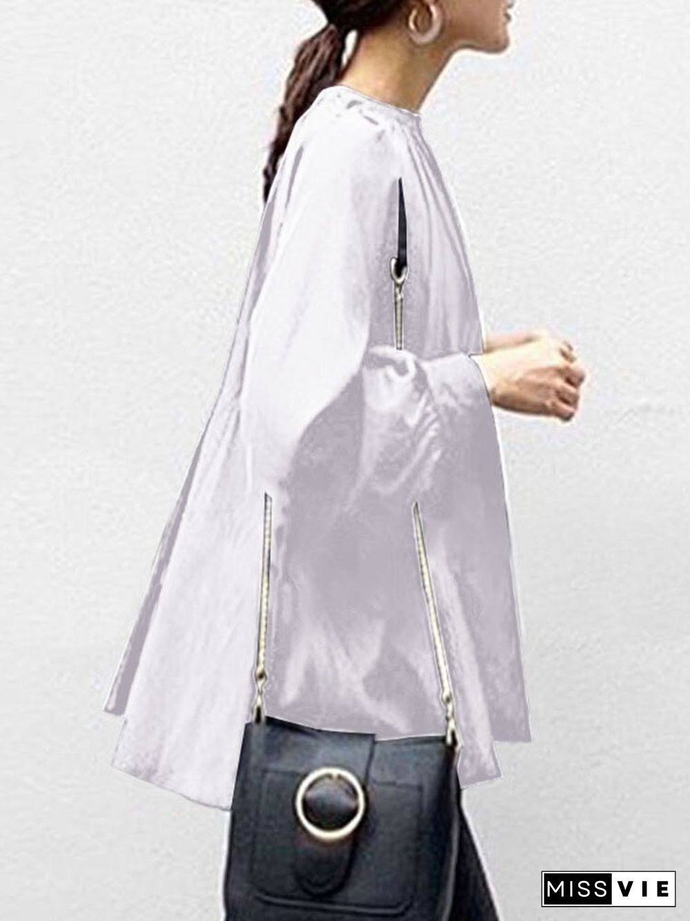 Solid Color Puff Sleeve Stand Collar Blouse