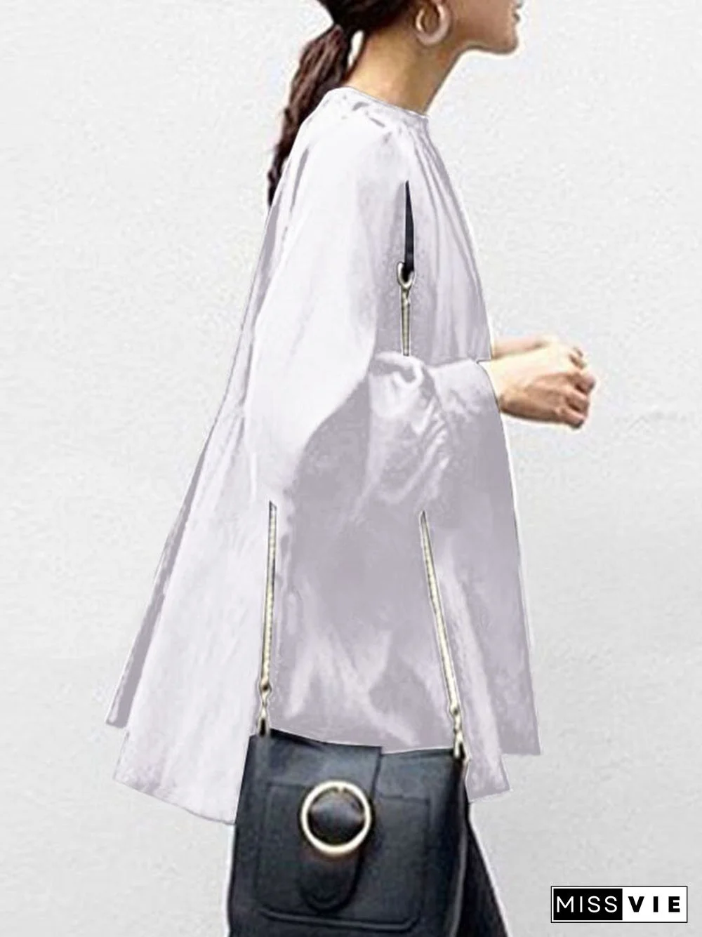 Solid Color Puff Sleeve Stand Collar Blouse