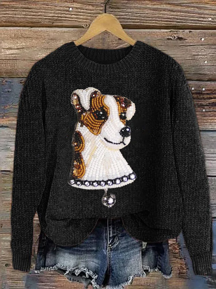 VChics Jack Russell Terrier Embroidery Cozy Knit Sweater