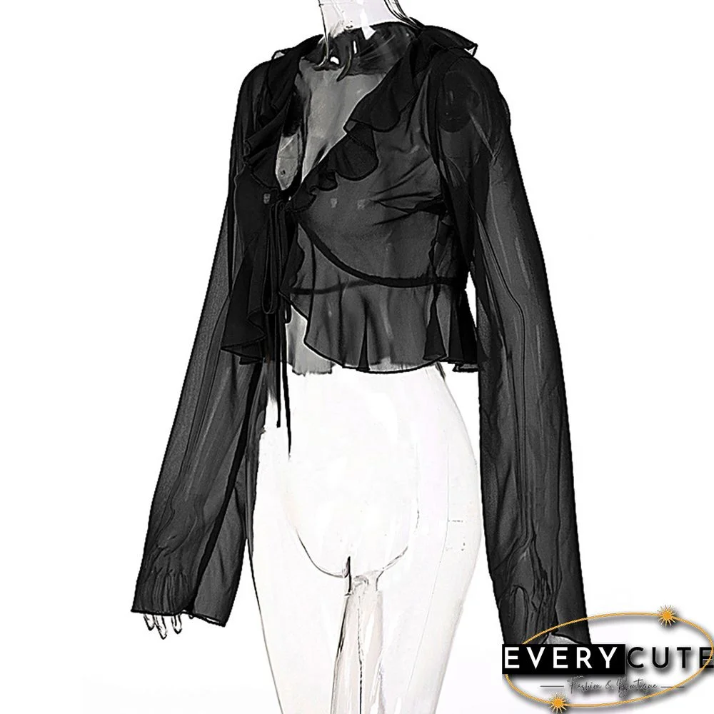 Black Ruffle V Neck Lace-up Long Sleeve Crop Tops