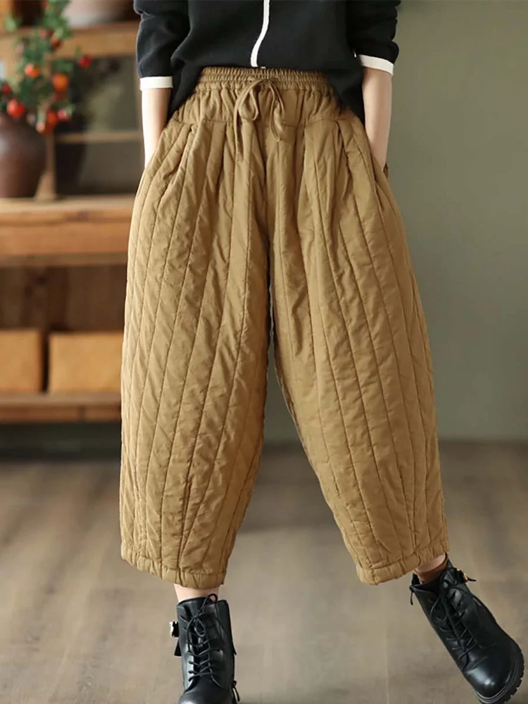 Women Striped Solid Pocket Elastic Waist Harm Pants