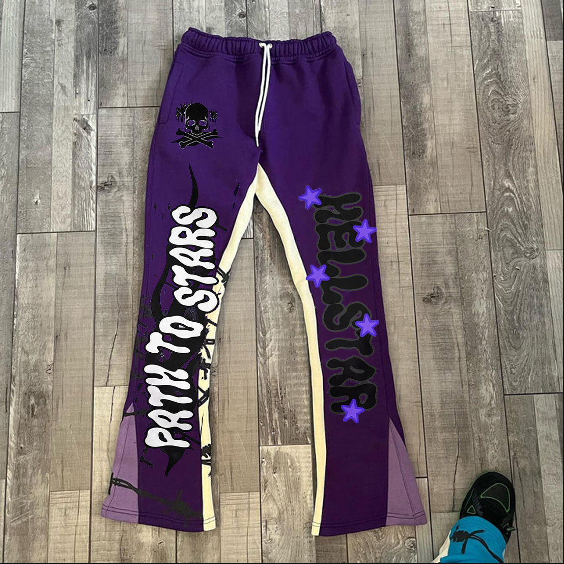 Retro Trendy Skull Print Street Patchwork Printed Flared Sweats Trousers