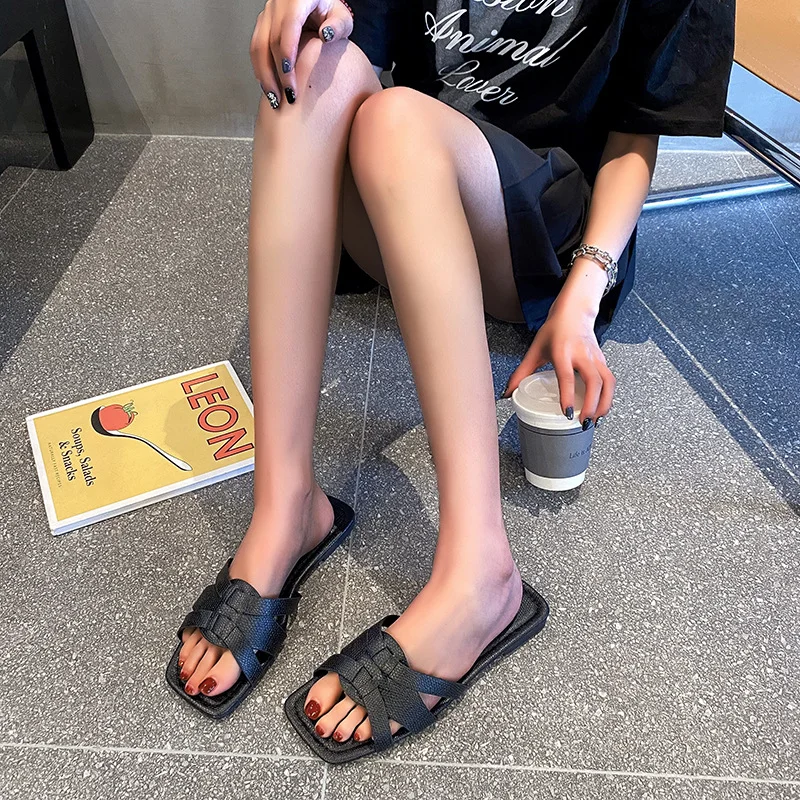Tanguoant Tanguoant Solid Color Flat Bottom Slippers Female Slippers Square Head Breathable A Foot Pedal Home Slippers Female