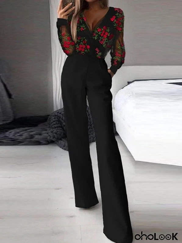 Women's Jumpsuits Printed Mesh V-Neck Long Sleeve Jumpsuit