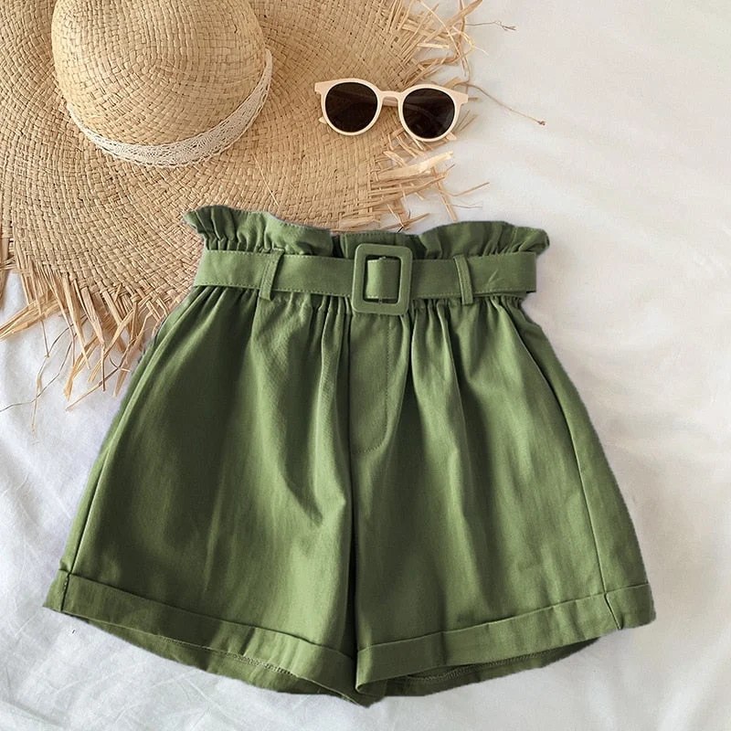 Women Casual High Waist Loose Cotton Short Pants 2022 Summer Elegant Sweet Girls All-Match Wide Leg Shorts With Belt Korean