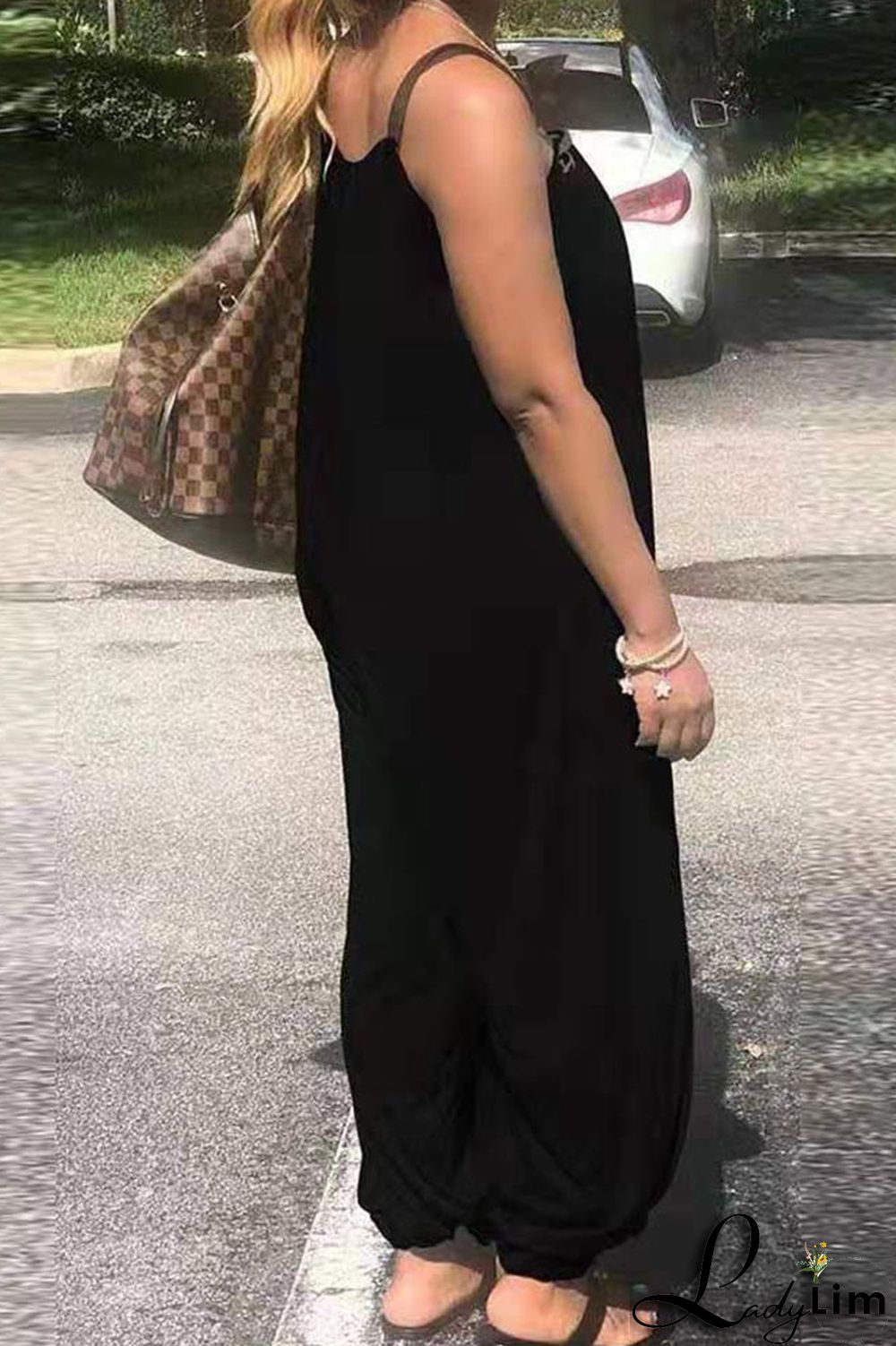 Burgundy Casual Solid Split Joint Spaghetti Strap Loose Jumpsuits