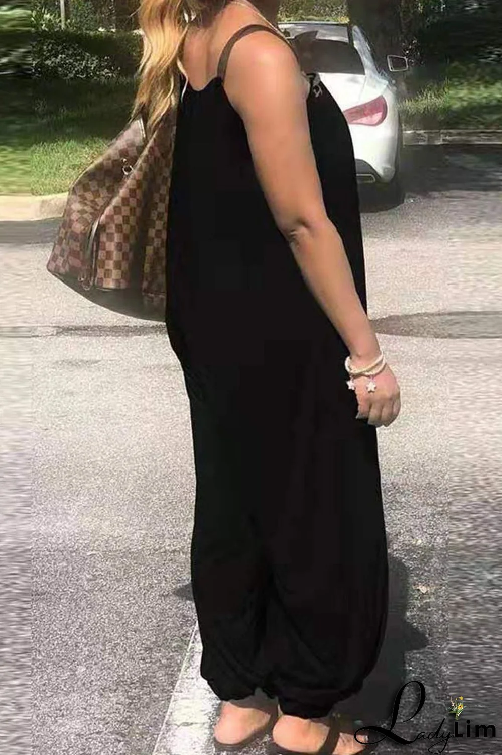 Burgundy Casual Solid Split Joint Spaghetti Strap Loose Jumpsuits