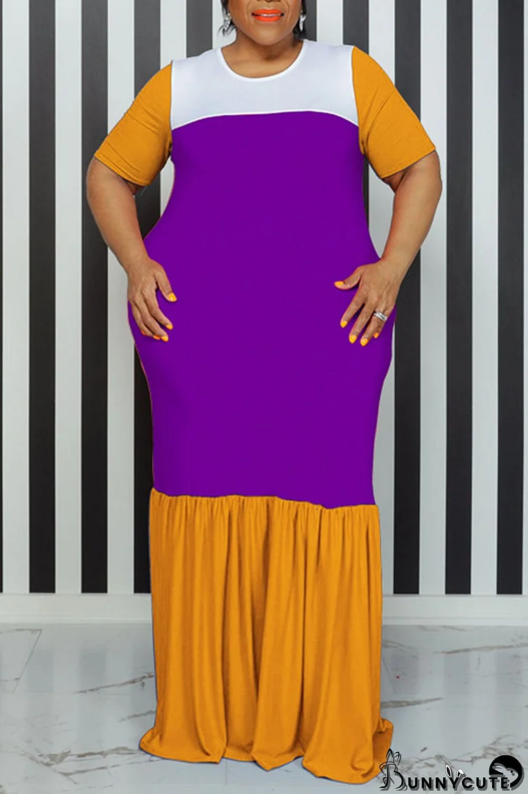 Purple Casual Solid Patchwork O Neck Straight Plus Size Dresses