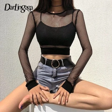 pornhint Pornhint Darlingaga Chic Black Mesh Fishnet Top See Through Long Sleeve T Shirt Women Clothes 2023 Casual Cropped Women's T-shirts Tees