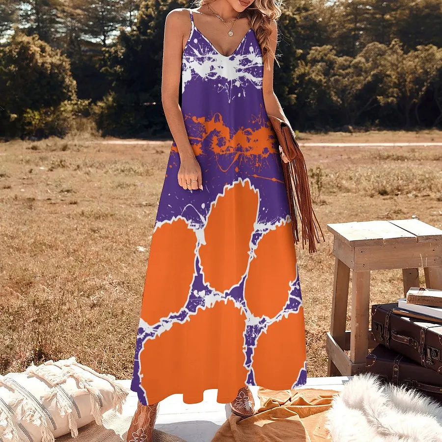clemson orange and purple dresses Clemson Paint Splash Graffiti Women's Casual Strappy V Neck Sleeveless  Flowy Loose Long Maxi Beach Dress Sundress