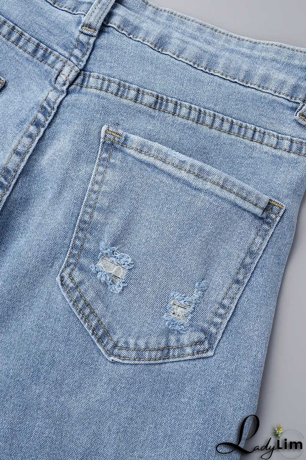 Light Blue Street Solid Ripped Patchwork High Waist Denim Jeans