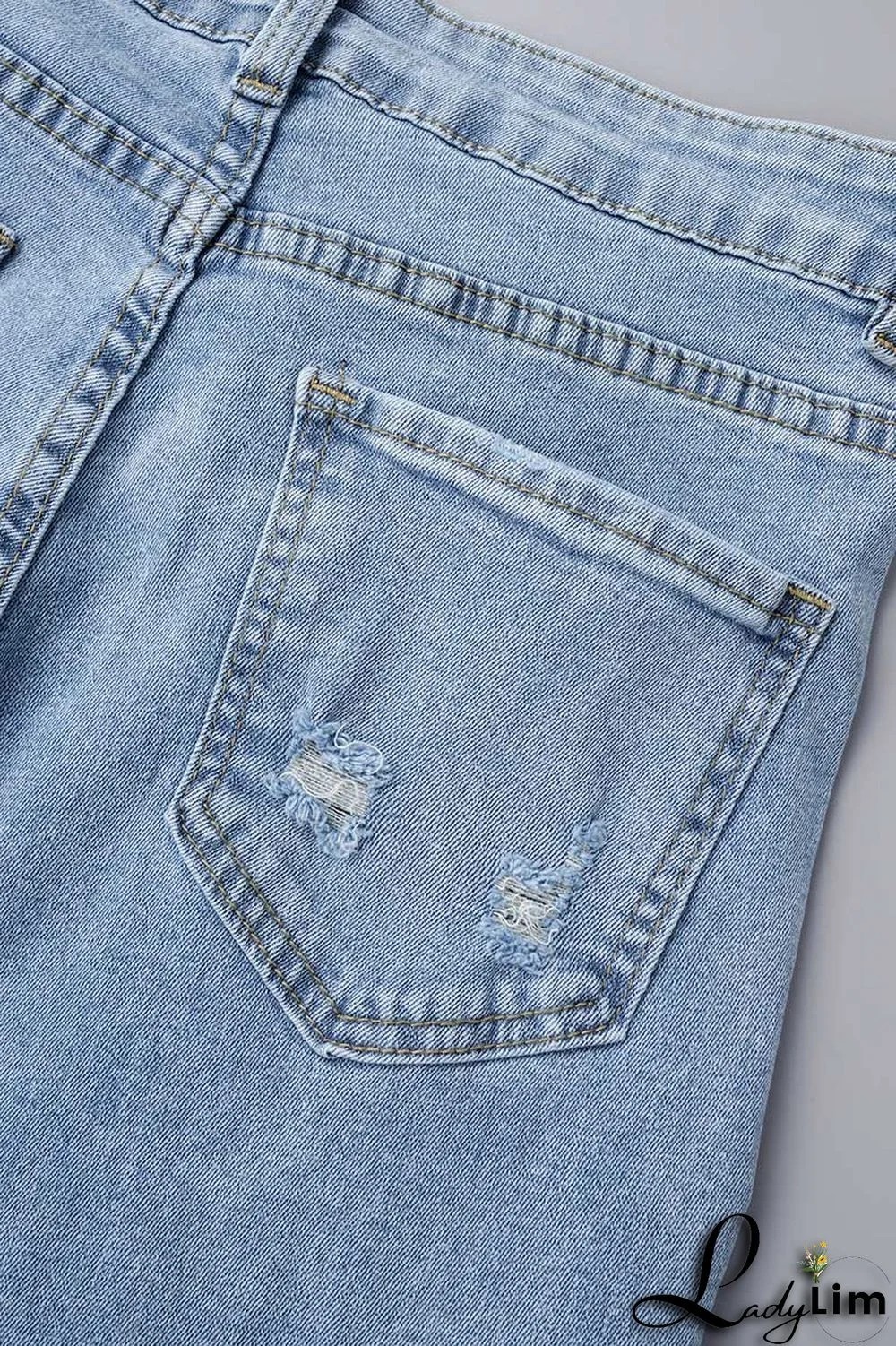 Light Blue Street Solid Ripped Patchwork High Waist Denim Jeans
