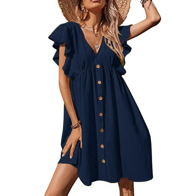 Summer Sexy Beach V Neck High Waist Solid Color Casual Dress