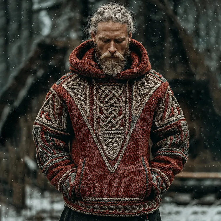 Men's Vintage Viking Celtic Knot Knit Hooded Sweater