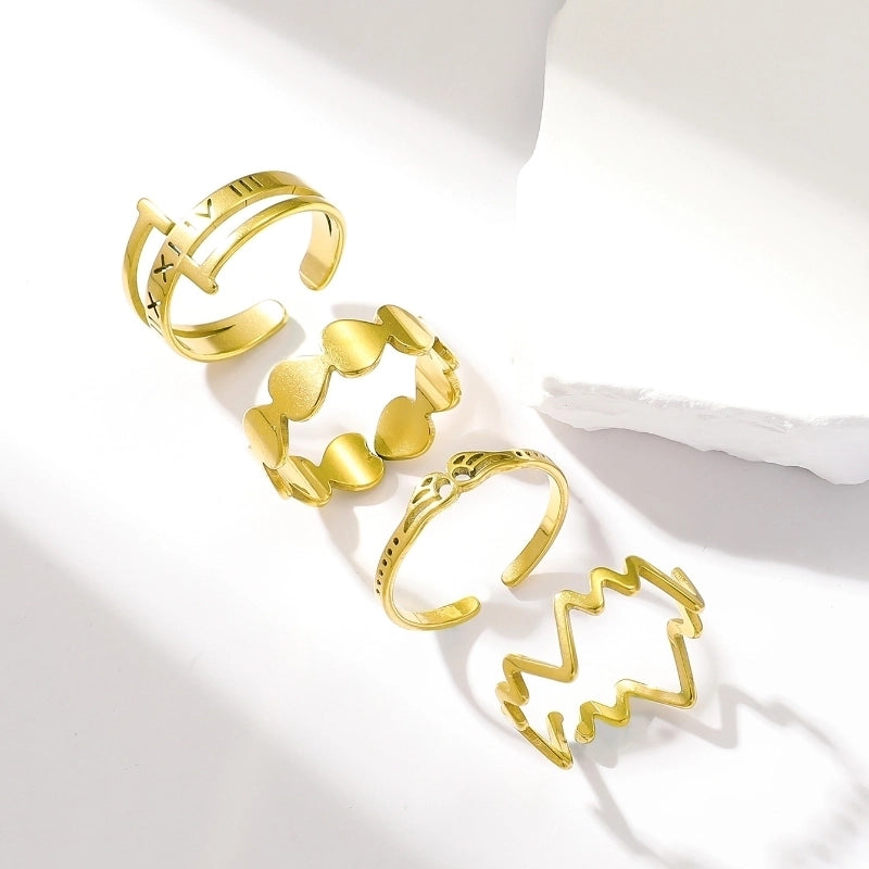 Vintage Style Minimalist Letter Electrocardiogram Heart Shape Stainless Steel 18K Gold Plated Plating Open Rings