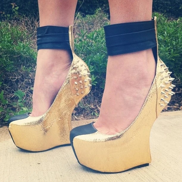 Gold and Black Rivets Closed Toe Wedges Ankle Wrapped Platform Pumps |FSJ Shoes