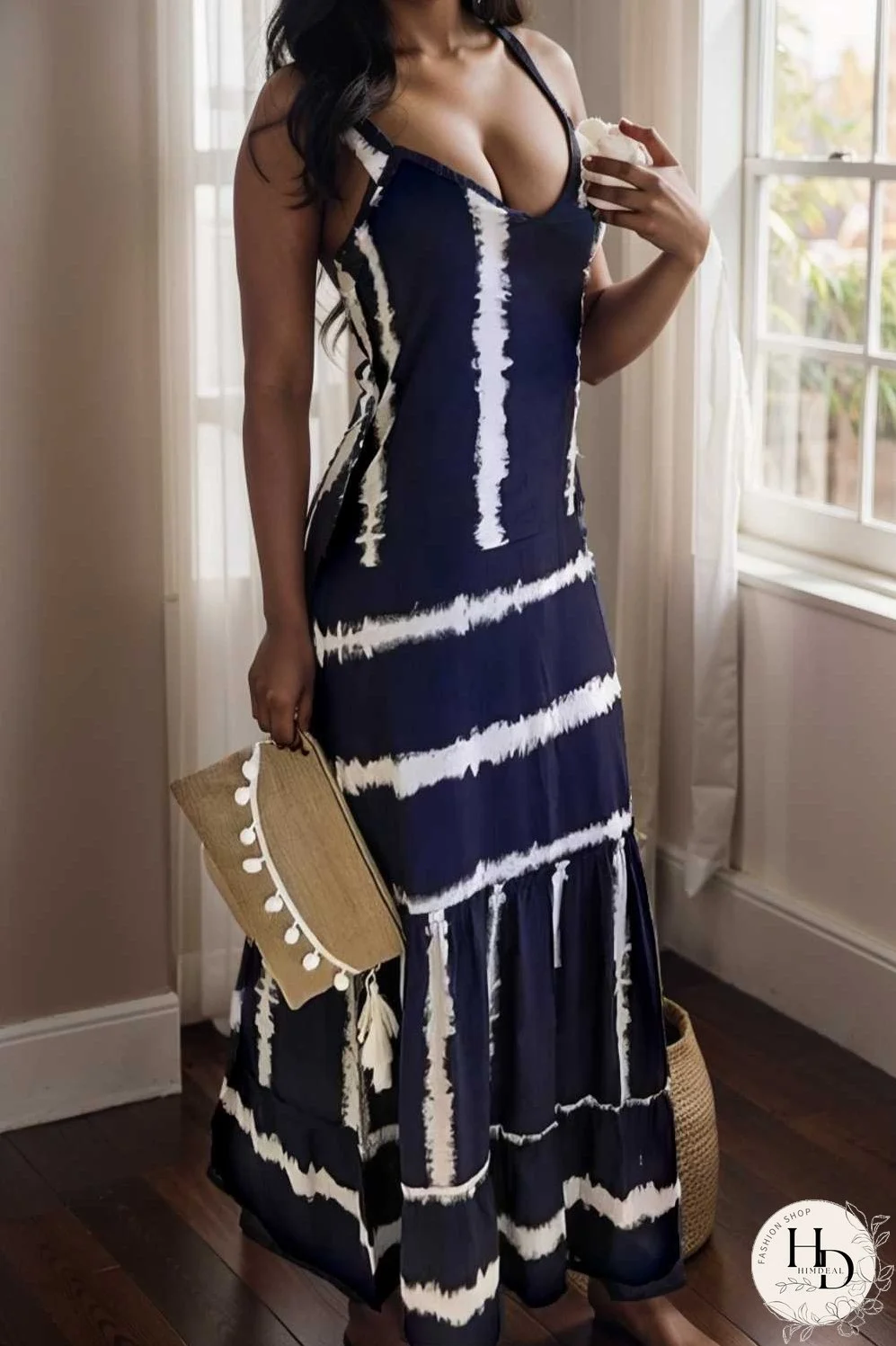 sling stripe print sleeveless fitted dress