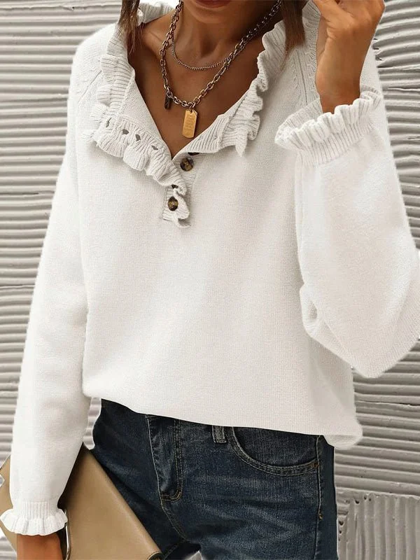 Women's Sweaters Casual Button Ruffle Long Sleeve Sweater