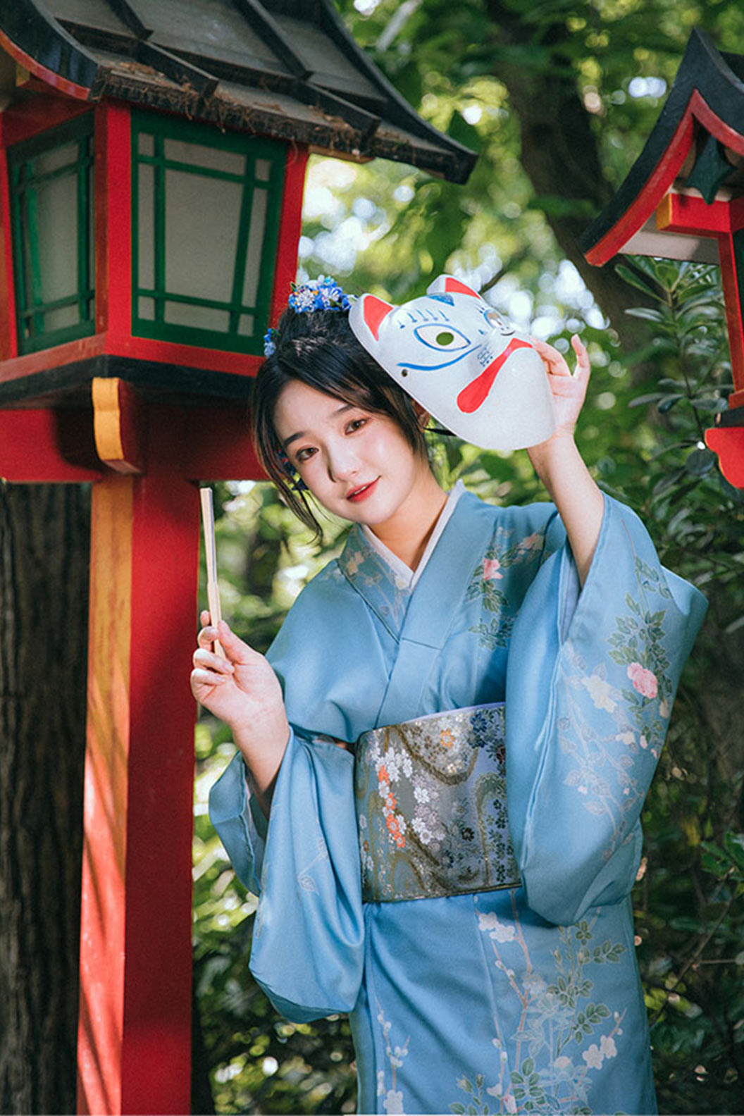 Yukata Kimono Blue Robe with Retro Artistic Fresh Girl Dress - なつまつり Stupa Stones