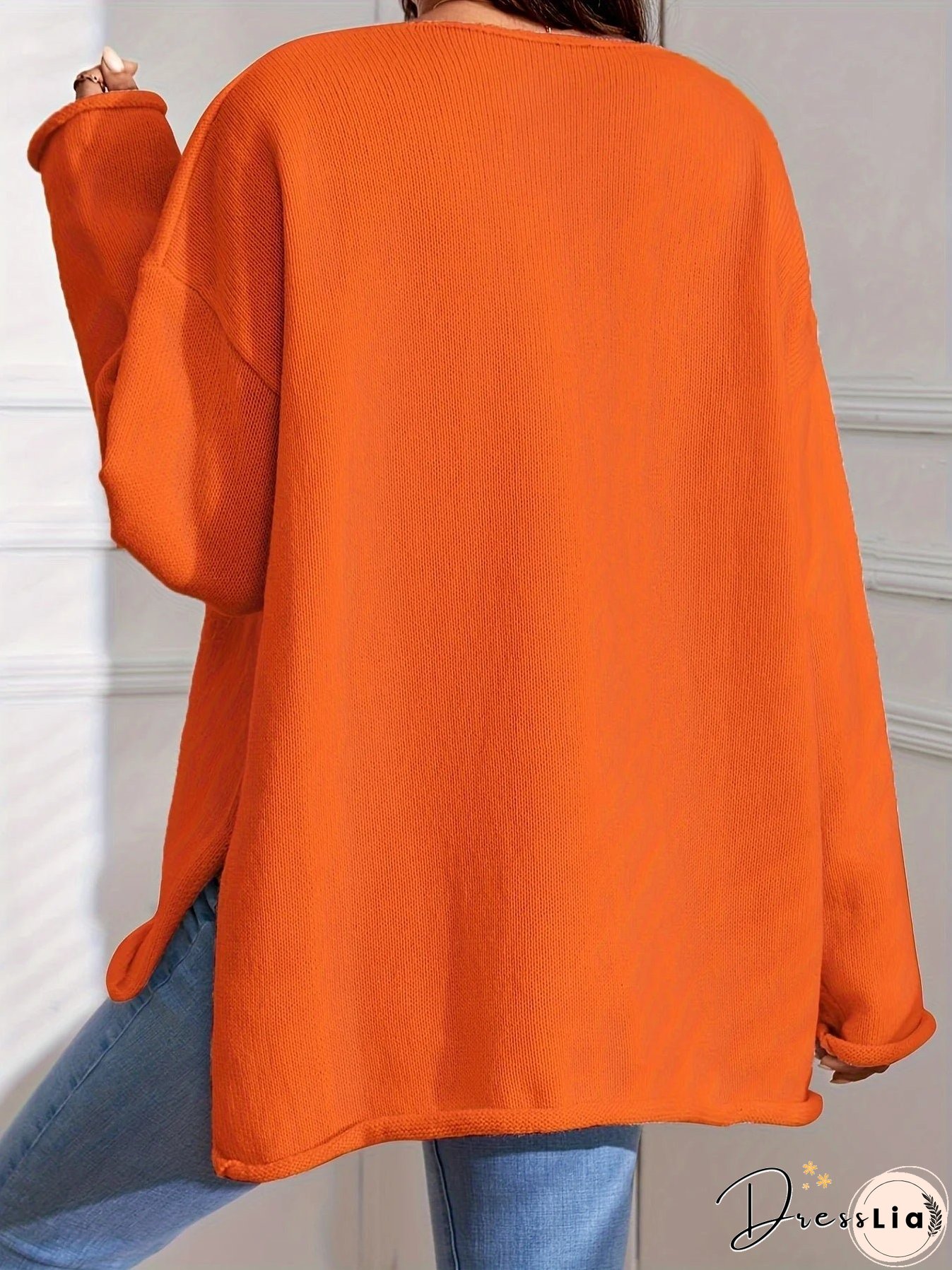 V Neck Knit Sweater, Casual Long Sleeve Dipped Hem Oversized Sweater, Women's Clothing